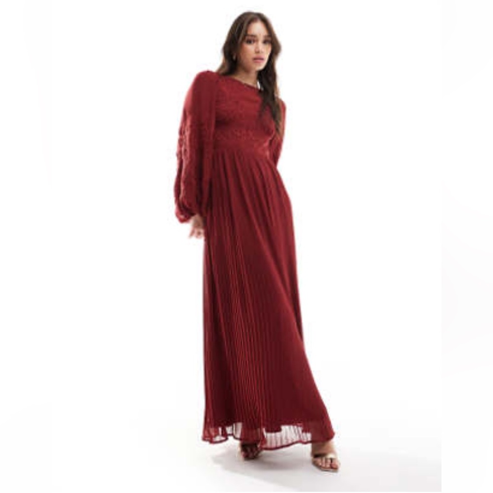 ASOS DESIGN cutout embroidery pleated maxi dress in burgundy